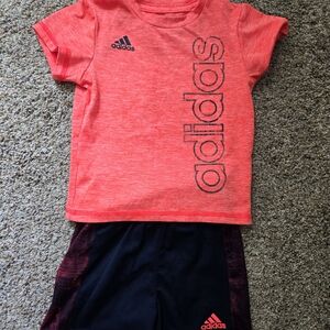 Adidas Kids Coral Tee with Black Logo Shorts With Print On Side 9 To 12 Months